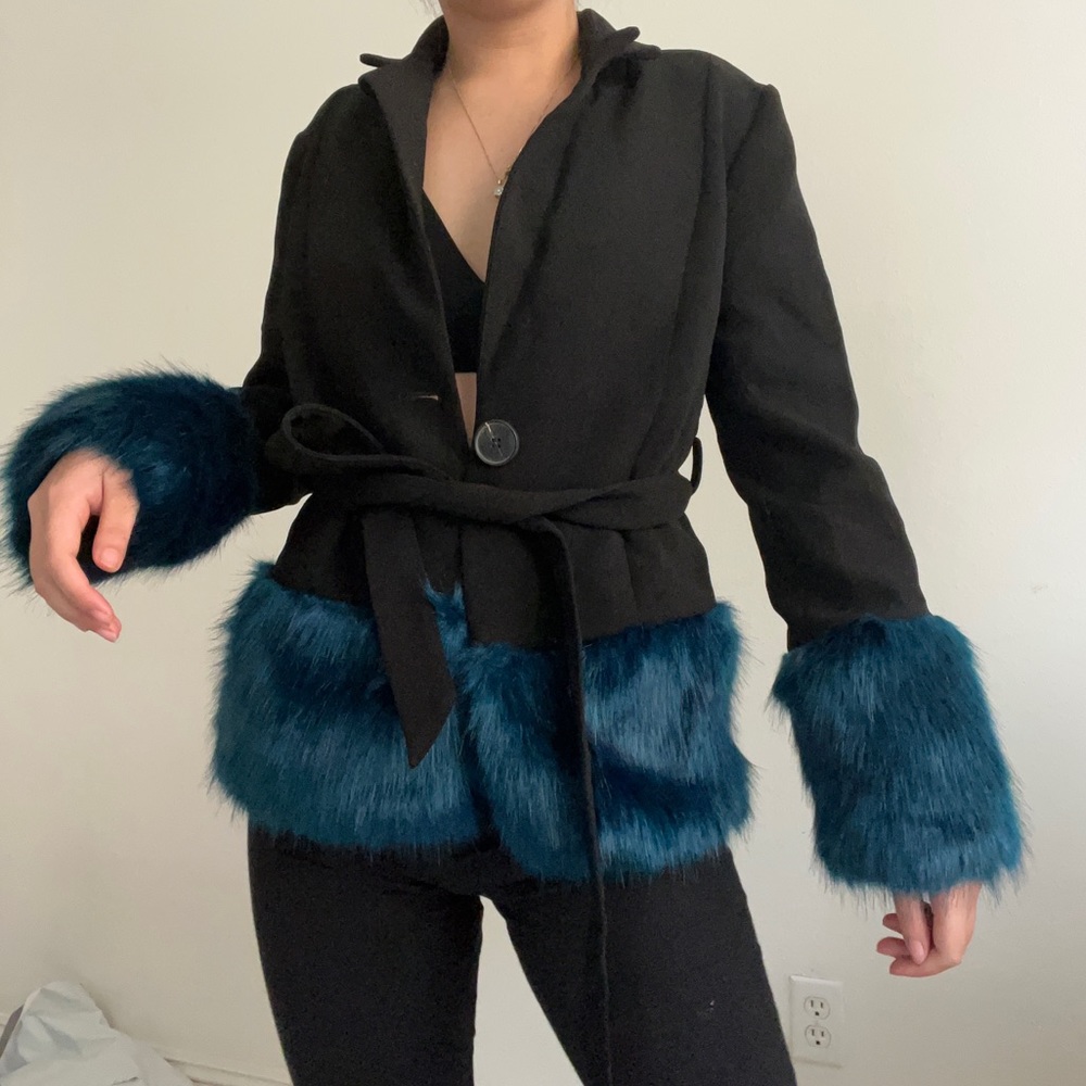 Delphine the Label Black Blazer with Blue Faux Fur Trim